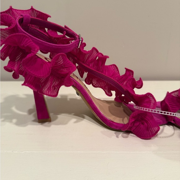 Gianni Bini Women's Franz Suede Chiffon Pink Ruffle Heel Sandals - Picture 5 of 8